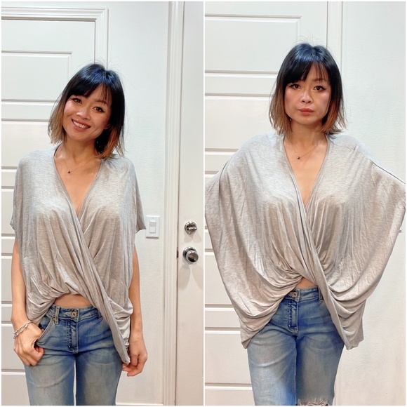 Cozy Oversized Grey Twist Hem Dolman Sleeve Top - Picture 3 of 5